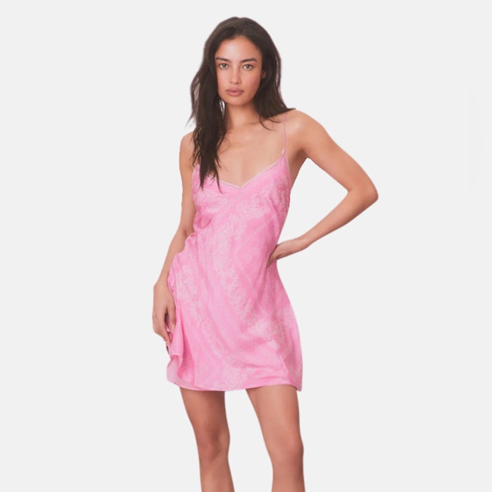 LoveShackFancy Raja Slip Dress Womens XS Pink Bandana Print Babydoll Silk NWT